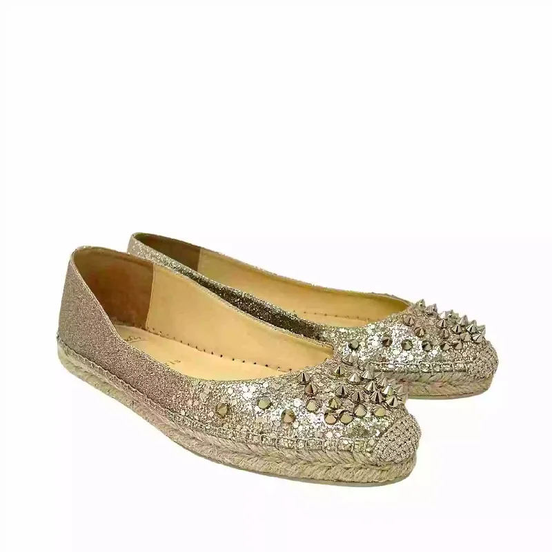 Christian Louboutin Aliochette Gold Glitter Flat Espadrille Pumps 37 UK 4