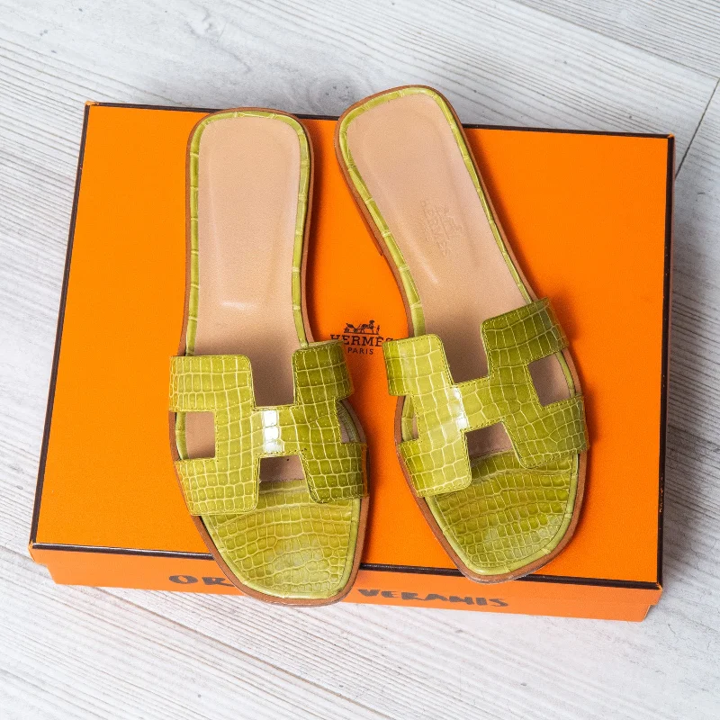 Hermes Veranis Oran Alligator Skin Slider Sandals Size 38