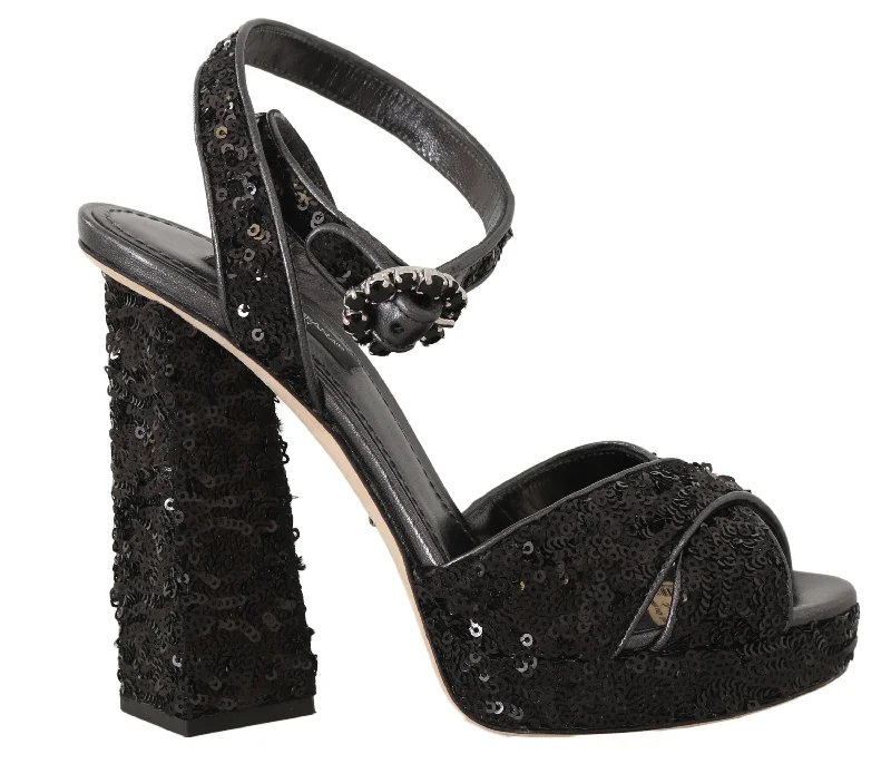 Black Leather Sequined Crystal Sandals