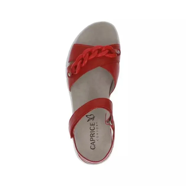 Caprice Red Soft Nappa Leather wedge casual sandal with chain detail.