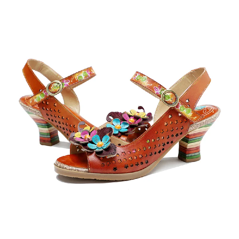 CrazycatZ Leather Block Heel Roman Sandals,Women Leather Bohemian Colorful Sandal 1011