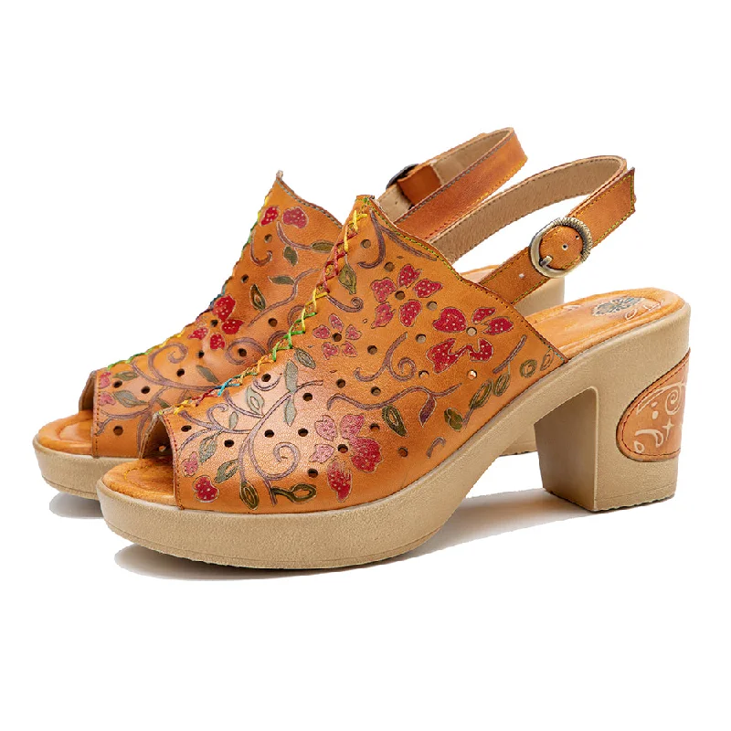 CrazycatZ Leather Block Heel Roman Sandals,Women Leather Bohemian Colorful Sandal Orange