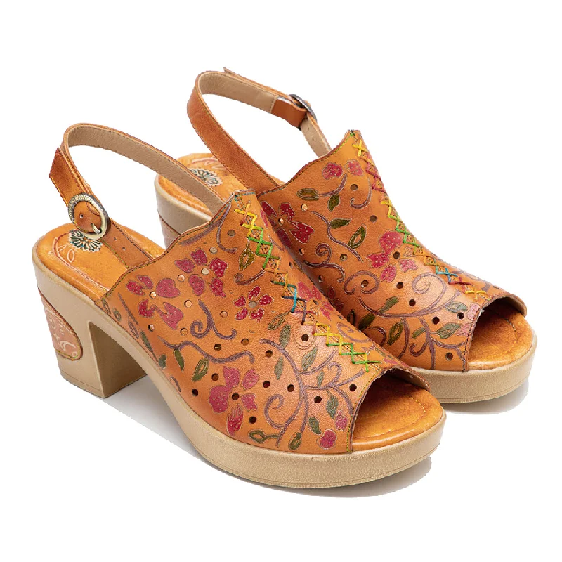 CrazycatZ Leather Block Heel Roman Sandals,Women Leather Bohemian Colorful Sandal Orange