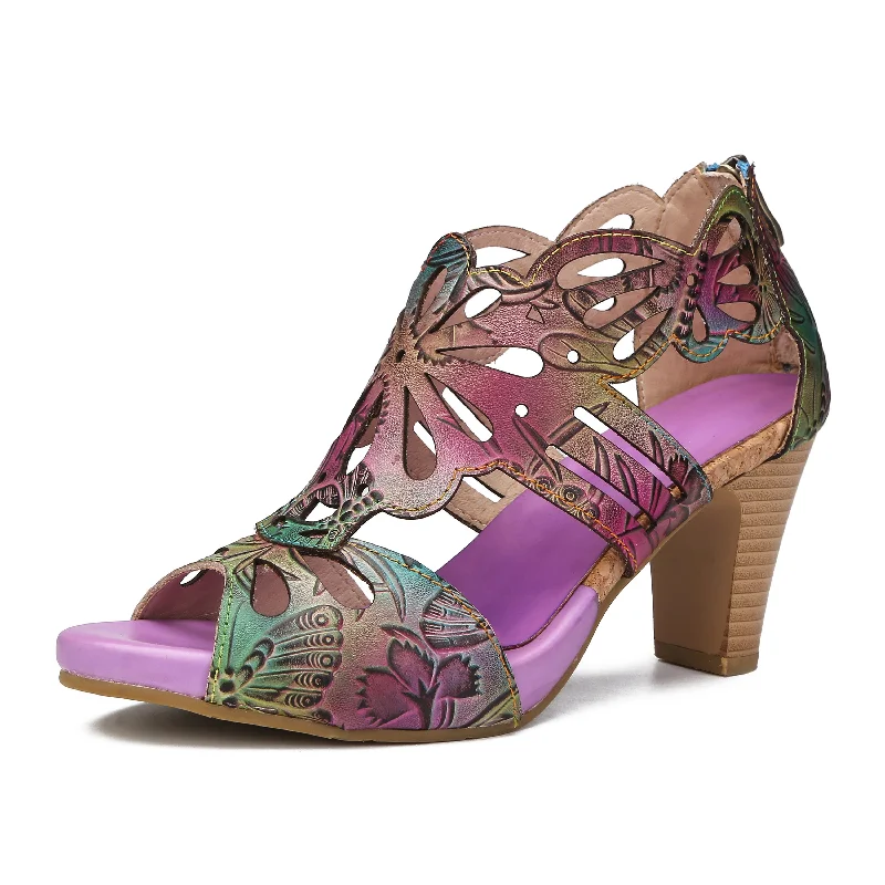 CrazycatZ Leather Block Heel Roman Sandals,Women Leather Bohemian Sandals Purple