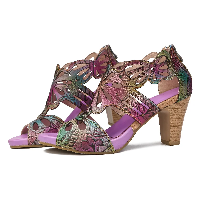 CrazycatZ Leather Block Heel Roman Sandals,Women Leather Bohemian Sandals Purple