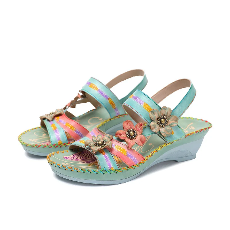 CrazycatZ Leather Wedged Sandals,Women Leather Bohemian Colorful Sandal Floral Sandal