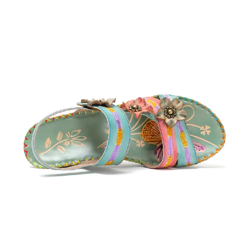 CrazycatZ Leather Wedged Sandals,Women Leather Bohemian Colorful Sandal Floral Sandal