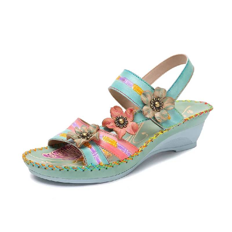 CrazycatZ Leather Wedged Sandals,Women Leather Bohemian Colorful Sandal Floral Sandal