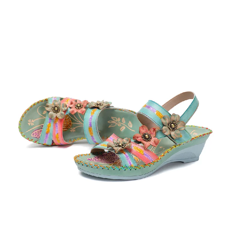 CrazycatZ Leather Wedged Sandals,Women Leather Bohemian Colorful Sandal Floral Sandal