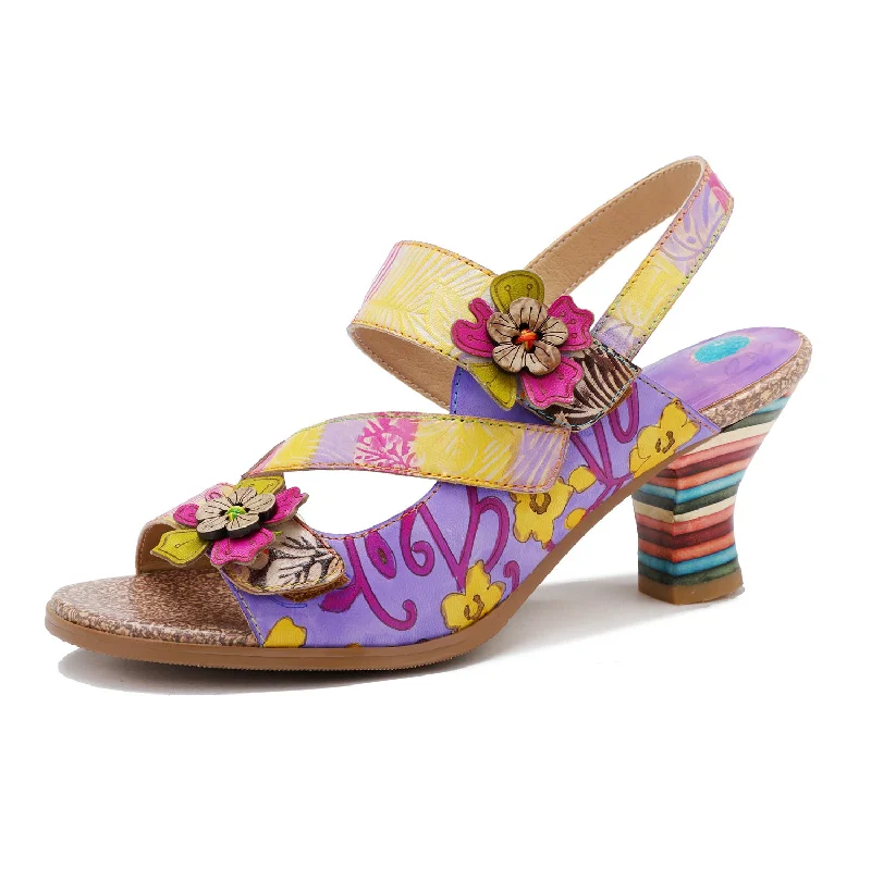 CrazycatZ Leather Block Heel Sandals,Women Leather Bohemian Colorful Sandal Light Purple