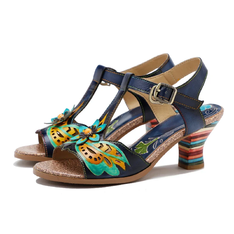 CrazycatZ Leather Block Heel Sandals,Women Leather Bohemian Colorful Sandal Navy