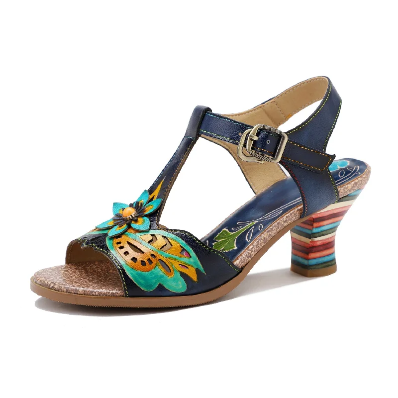 CrazycatZ Leather Block Heel Sandals,Women Leather Bohemian Colorful Sandal Navy