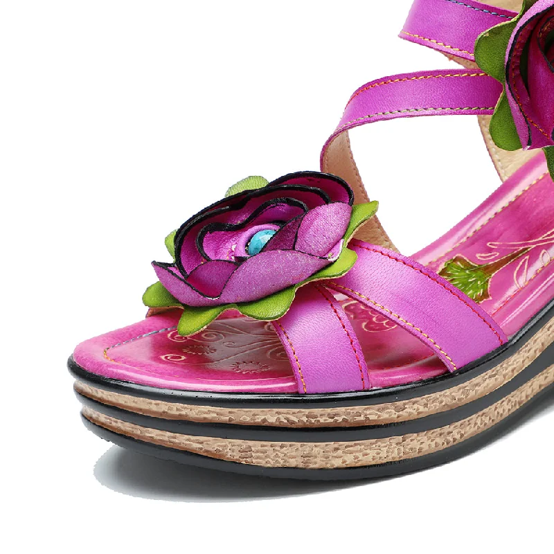 CrazycatZ Leather Wedged Roman Sandals,Women Leather Bohemian Colorful Floral Sandal 1004