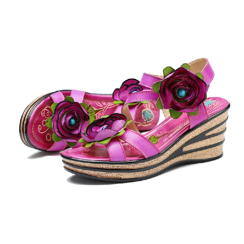 CrazycatZ Leather Wedged Roman Sandals,Women Leather Bohemian Colorful Floral Sandal 1004