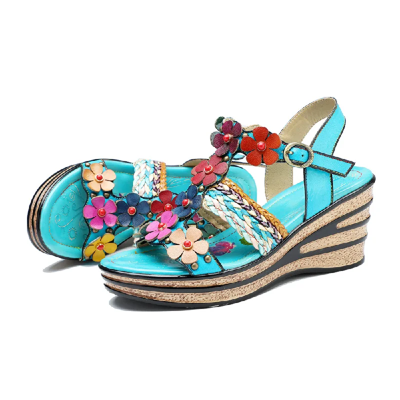 CrazycatZ Leather Wedged Roman Sandals,Women Leather Bohemian Colorful Floral Sandal 1005