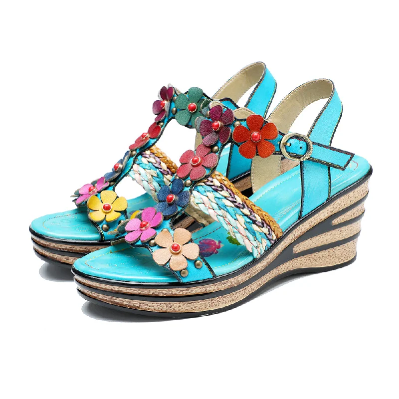 CrazycatZ Leather Wedged Roman Sandals,Women Leather Bohemian Colorful Floral Sandal 1005