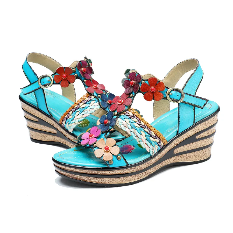 CrazycatZ Leather Wedged Roman Sandals,Women Leather Bohemian Colorful Floral Sandal 1005