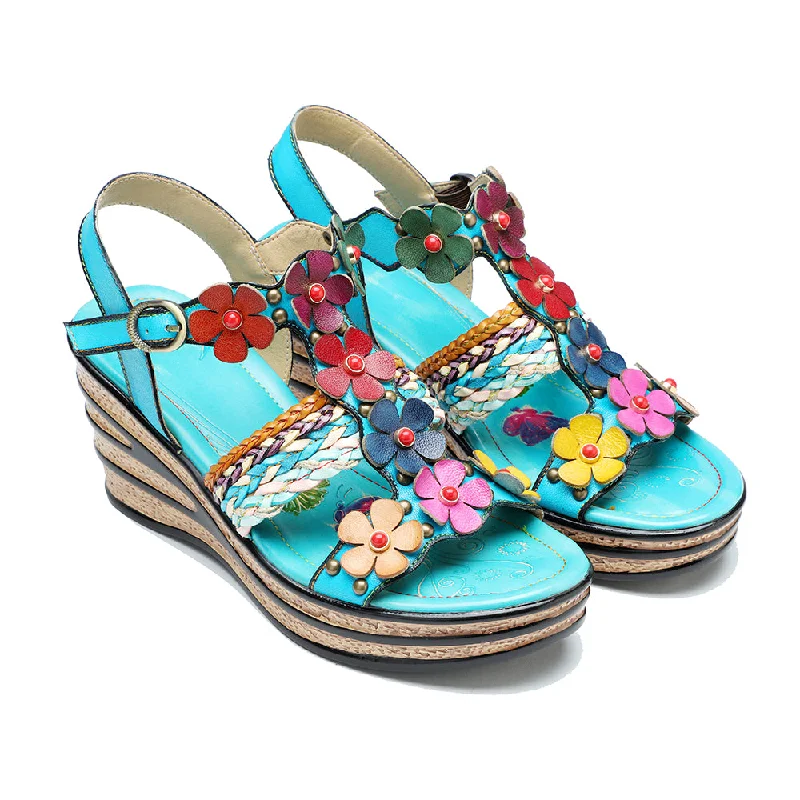 CrazycatZ Leather Wedged Roman Sandals,Women Leather Bohemian Colorful Floral Sandal 1005