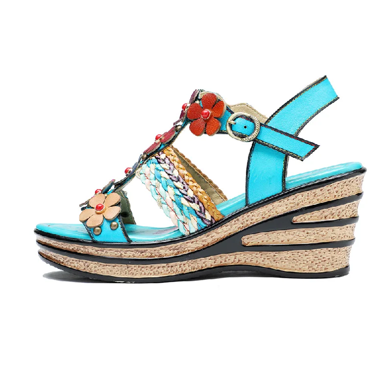 CrazycatZ Leather Wedged Roman Sandals,Women Leather Bohemian Colorful Floral Sandal 1005