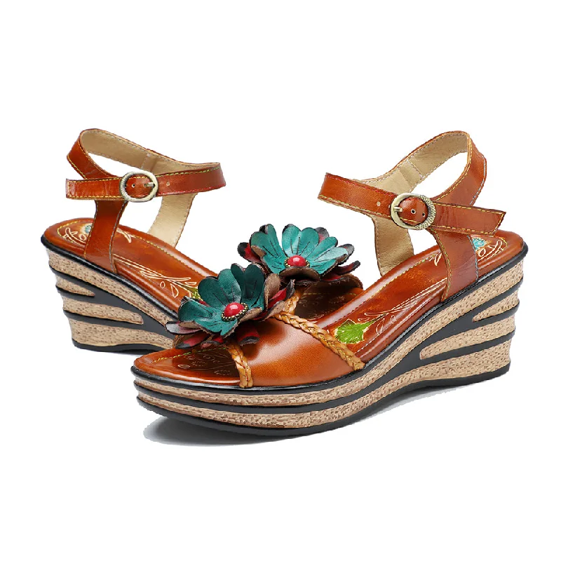 CrazycatZ Leather WedgedRoman Sandals,Women Leather Bohemian Colorful Floral Sandal 1003