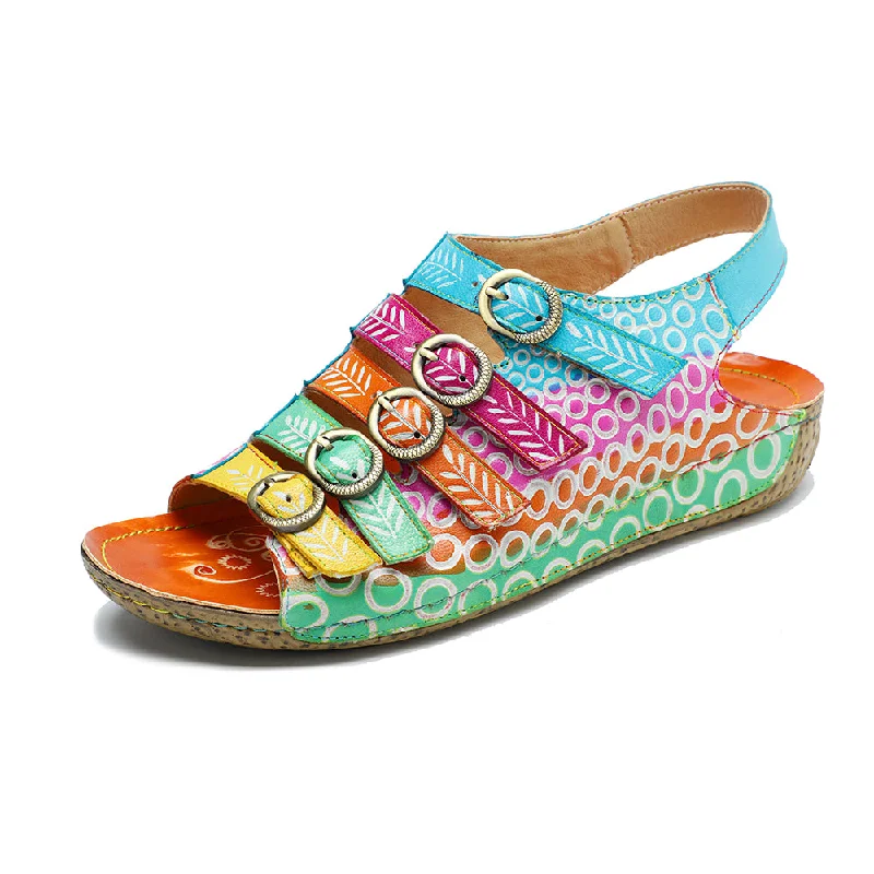 CrazycatZ Leather WedgedRoman Sandals,Women Leather Bohemian Colorful Floral Sandal