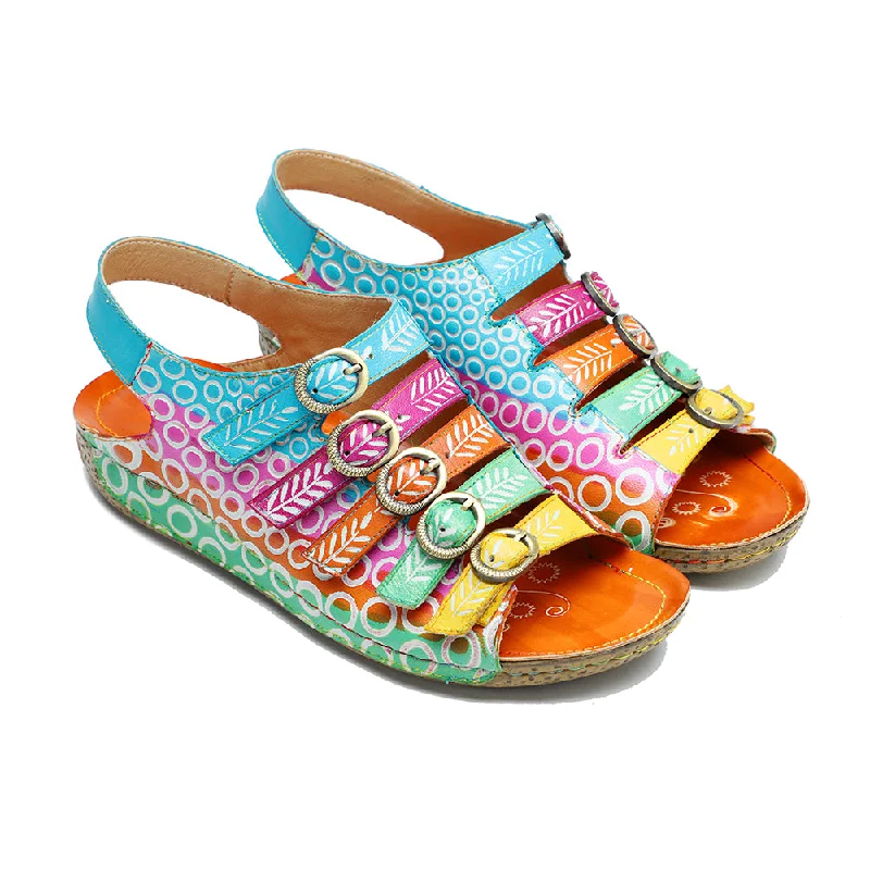 CrazycatZ Leather WedgedRoman Sandals,Women Leather Bohemian Colorful Floral Sandal