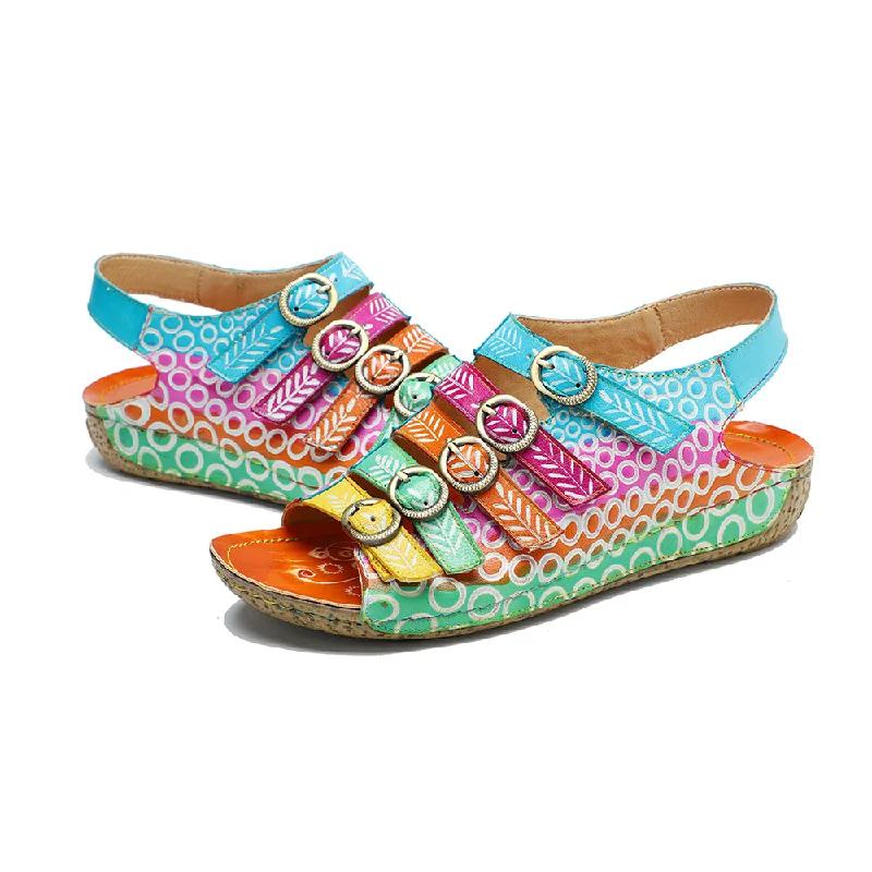 CrazycatZ Leather WedgedRoman Sandals,Women Leather Bohemian Colorful Floral Sandal