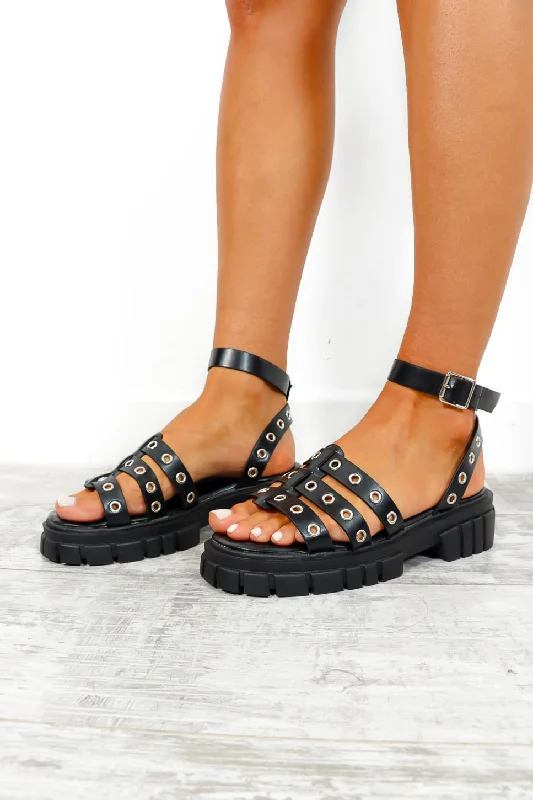 Eye-Let You Win - Black Faux Leather Eyelet Chuncky Sandals