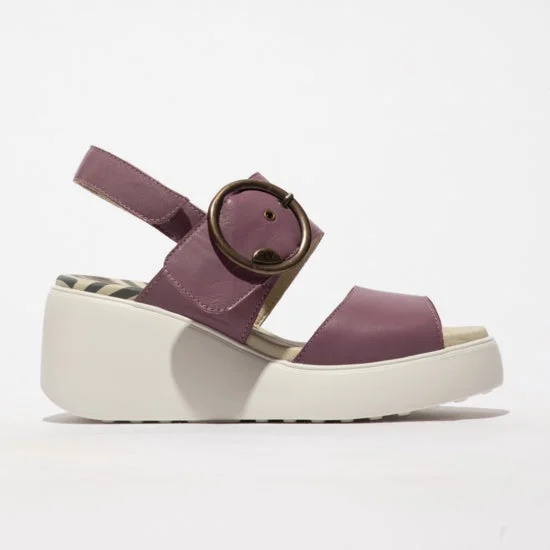 Fly London Digo939 Ceralin Violet Leather Wedge Sandal with Buckle and Velcro Fastening.