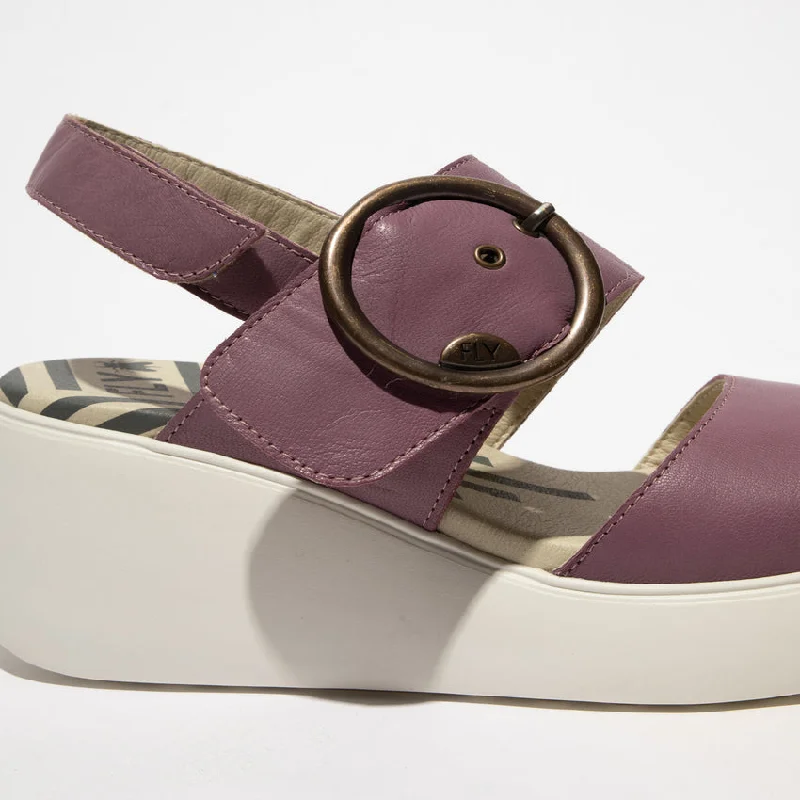 Fly London Digo939 Ceralin Violet Leather Wedge Sandal with Buckle and Velcro Fastening.