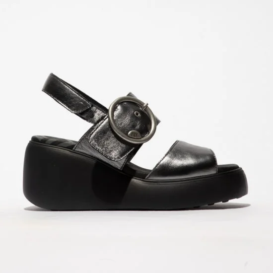 Fly London Digo939 Idra Graphite Leather Wedge Sandal with Buckle and Velcro Fastner only size  6 left.