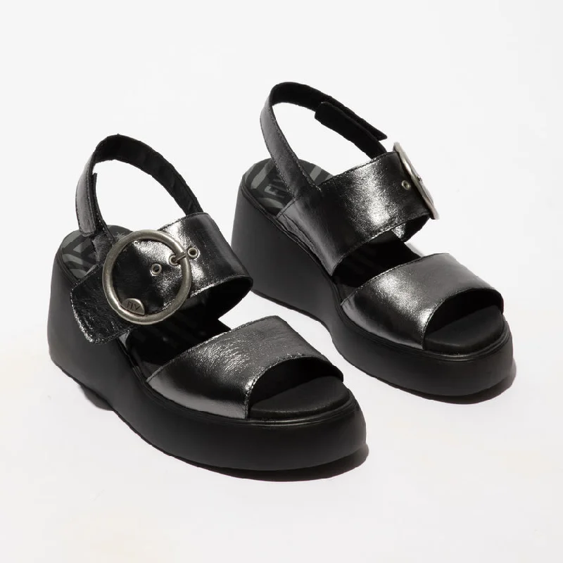 Fly London Digo939 Idra Graphite Leather Wedge Sandal with Buckle and Velcro Fastner only size  6 left.