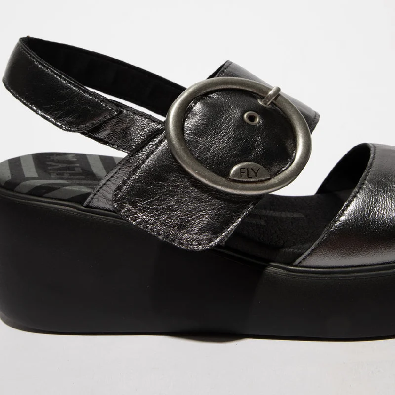 Fly London Digo939 Idra Graphite Leather Wedge Sandal with Buckle and Velcro Fastner only size  6 left.