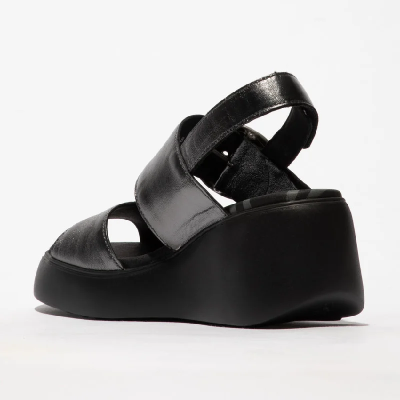 Fly London Digo939 Idra Graphite Leather Wedge Sandal with Buckle and Velcro Fastner only size  6 left.