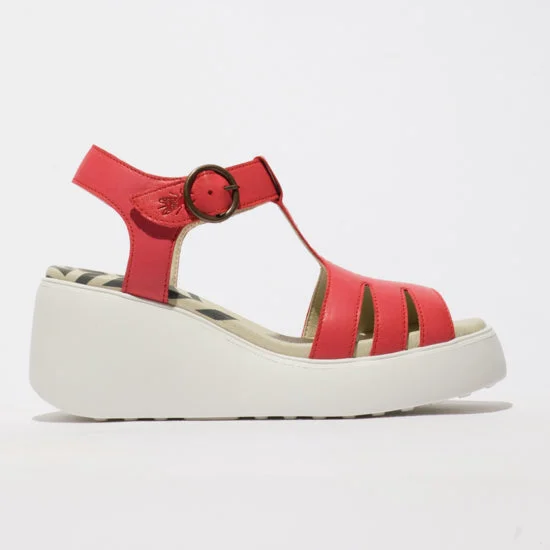 Fly London Duma955 Ceralin Raspberry Leather Wedge Sandal with Buckle. Only size 6 and 9 left