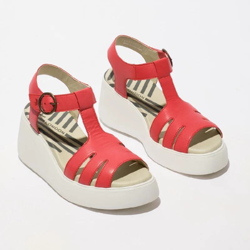 Fly London Duma955 Ceralin Raspberry Leather Wedge Sandal with Buckle. Only size 6 and 9 left