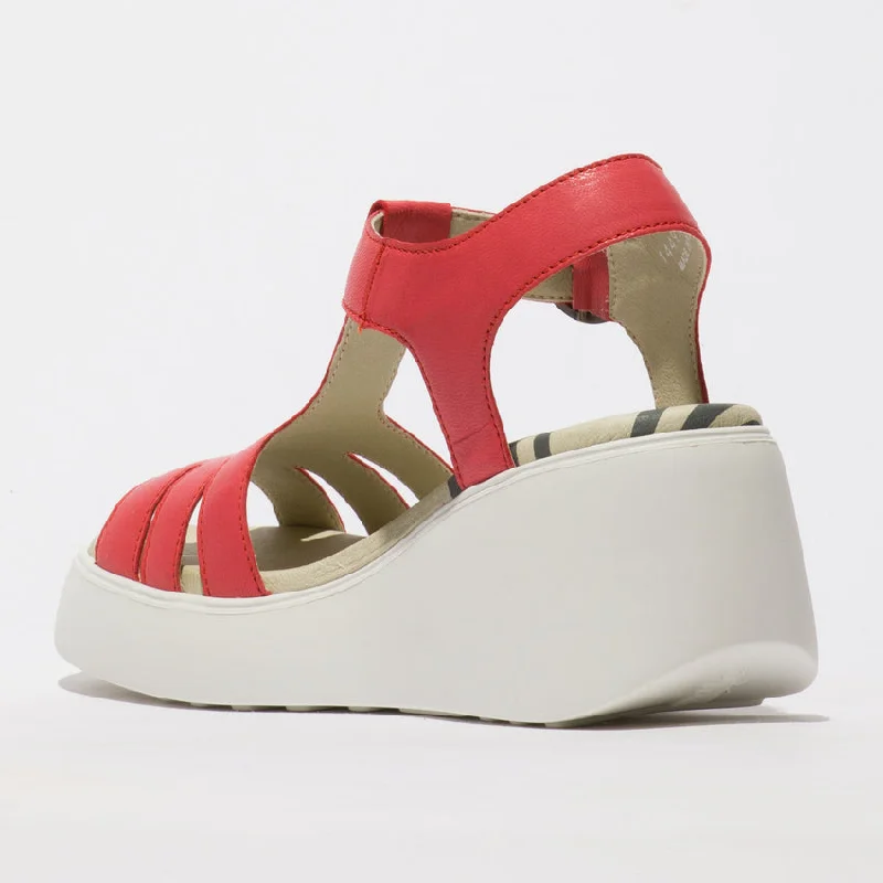 Fly London Duma955 Ceralin Raspberry Leather Wedge Sandal with Buckle. Only size 6 and 9 left