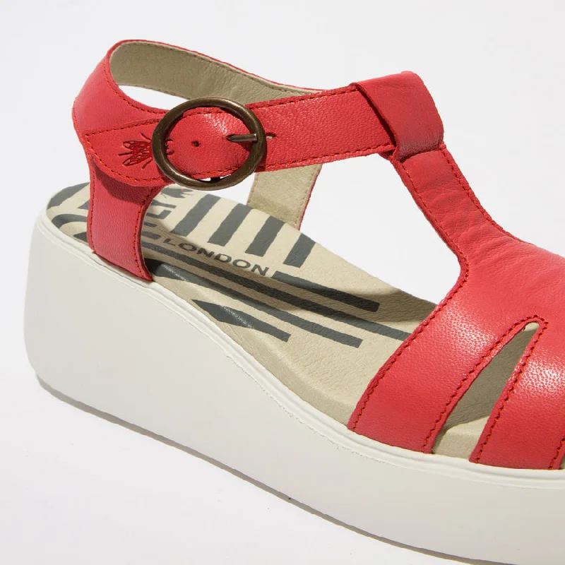 Fly London Duma955 Ceralin Raspberry Leather Wedge Sandal with Buckle. Only size 6 and 9 left