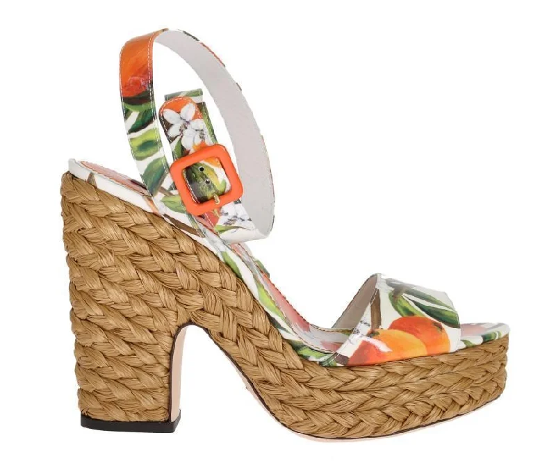 Orange Leather Straw Platform Sandals