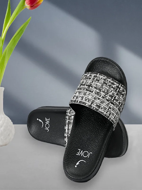 Women Black Textured Slides