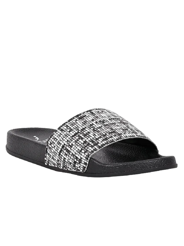 Women Black Textured Slides