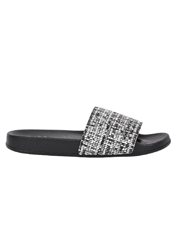 Women Black Textured Slides