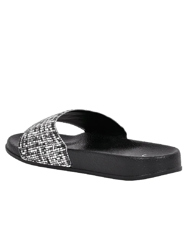 Women Black Textured Slides