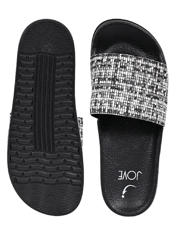 Women Black Textured Slides