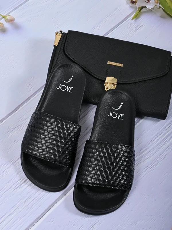 Women Black Basket Weave Textured Slides