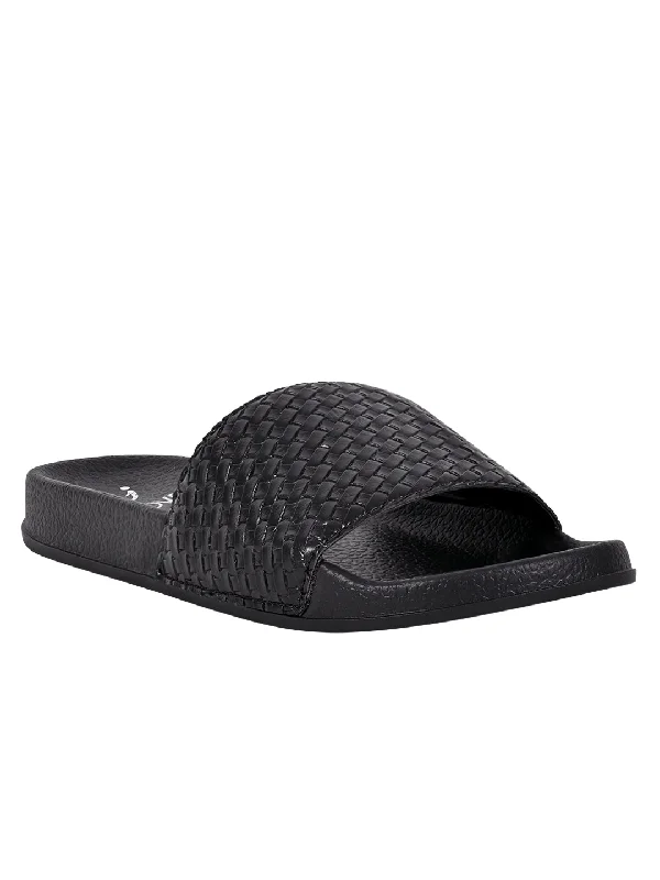 Women Black Basket Weave Textured Slides