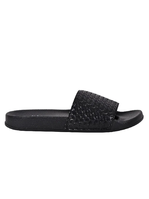 Women Black Basket Weave Textured Slides