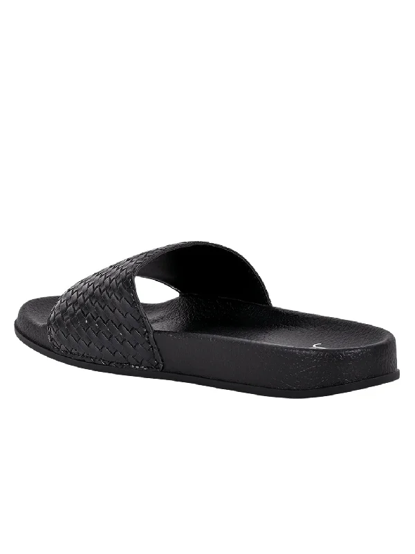 Women Black Basket Weave Textured Slides