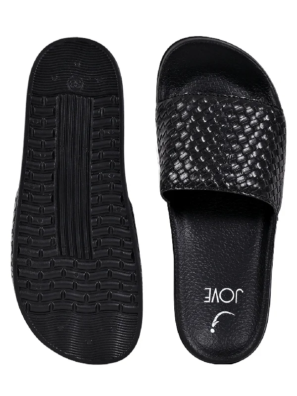 Women Black Basket Weave Textured Slides