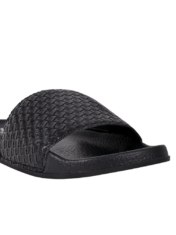 Women Black Basket Weave Textured Slides